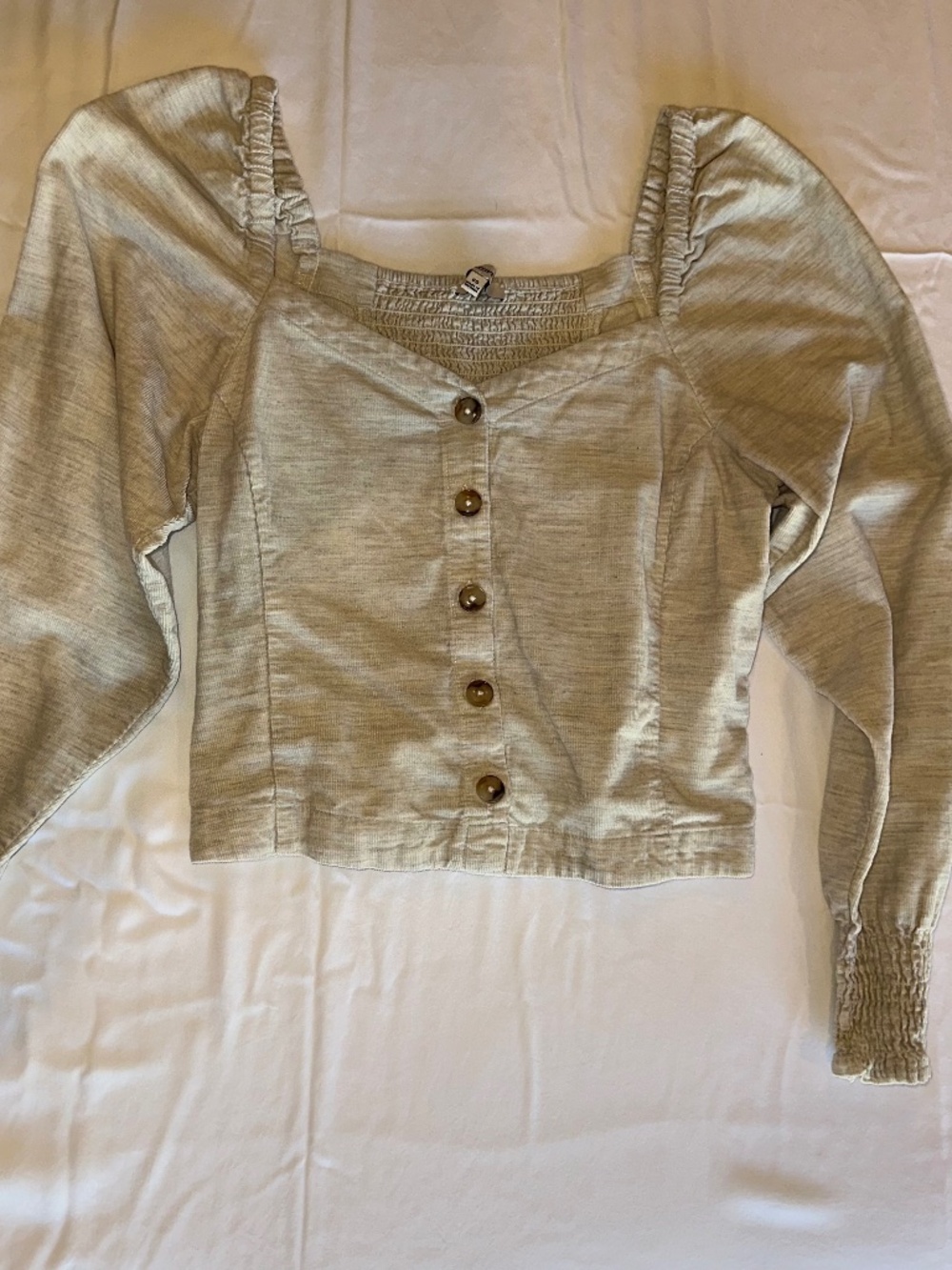Madewell Light Grey/Beige Corduroy Smocked long sleeve button-up
